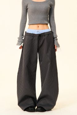 High-Waisted Wide-Leg Trousers for Women - American Vintage Vertical Striped Casual Pants, Loose Slim Fit, 90s Inspired Fashion