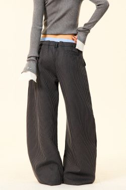High-Waisted Wide-Leg Trousers for Women - American Vintage Vertical Striped Casual Pants, Loose Slim Fit, 90s Inspired Fashion