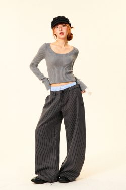 High-Waisted Wide-Leg Trousers for Women - American Vintage Vertical Striped Casual Pants, Loose Slim Fit, 90s Inspired Fashion