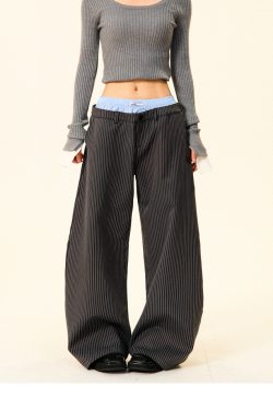 High-Waisted Wide-Leg Trousers for Women - American Vintage Vertical Striped Casual Pants, Loose Slim Fit, 90s Inspired Fashion