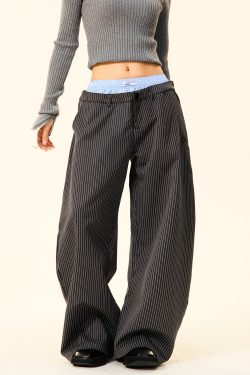 High-Waisted Wide-Leg Trousers for Women - American Vintage Vertical Striped Casual Pants, Loose Slim Fit, 90s Inspired Fashion