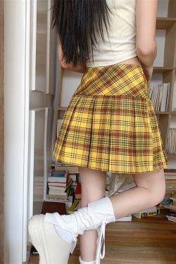 High-Waisted Yellow Plaid Pleated Skirt for Women - Slimming Checkered A-Line Half Skirt in JK Style for Petite Fashion