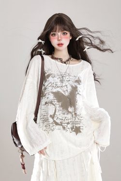 Holey Relaxed Long-Sleeve T-shirt for Women - Wasteland Style Spring Chic Sun Protection Loose Cover-Up Top