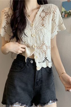 Hollow-Out Hook Flower Short Sleeve Cardigan - Women's Knitted Summer Cover-Up Top in Korean Style, Versatile and Lightweight