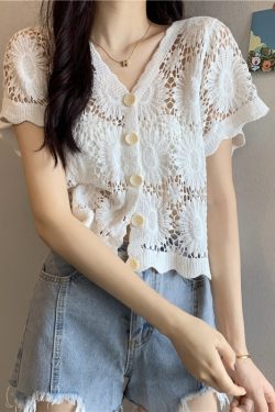Hollow-Out Hook Flower Short Sleeve Cardigan - Women's Knitted Summer Cover-Up Top in Korean Style, Versatile and Lightweight