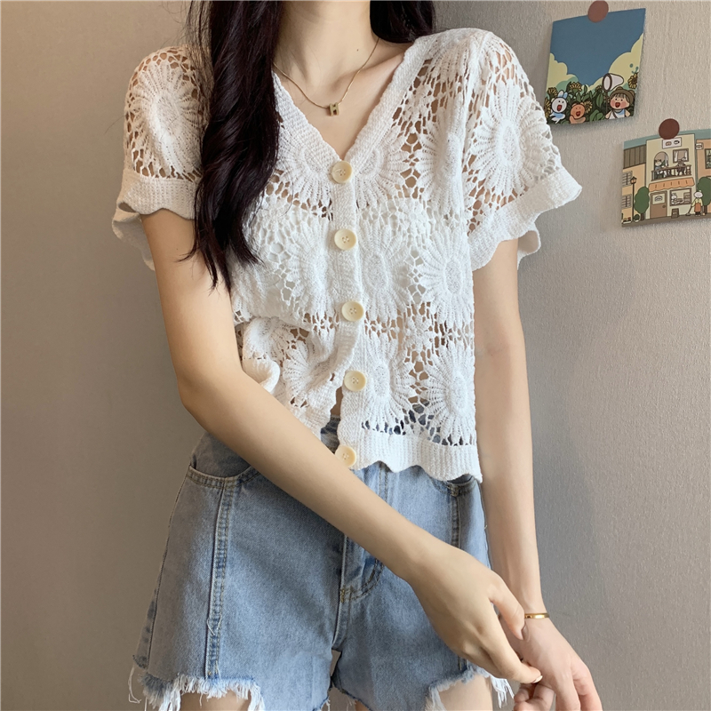 Hollow-Out Hook Flower Short Sleeve Cardigan - Women's Knitted Summer Cover-Up Top in Korean Style, Versatile and Lightweight Hollow-Out Hook Flower Short Sleeve Cardigan - Women's Knitted Summer Cover-Up Top in Korean Style, Versatile and Lightweight