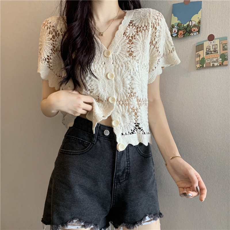Hollow-Out Hook Flower Short Sleeve Cardigan - Women's Knitted Summer Cover-Up Top in Korean Style, Versatile and Lightweight Hollow-Out Hook Flower Short Sleeve Cardigan - Women's Knitted Summer Cover-Up Top in Korean Style, Versatile and Lightweight