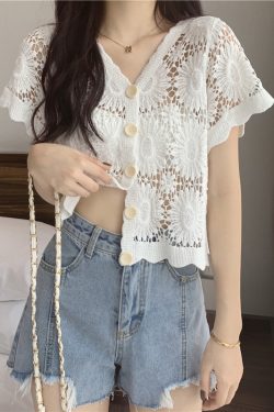 Hollow-Out Hook Flower Short Sleeve Cardigan - Women's Knitted Summer Cover-Up Top in Korean Style, Versatile and Lightweight