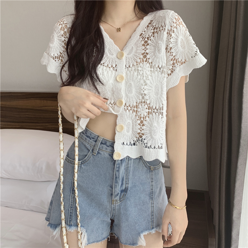 Hollow-Out Hook Flower Short Sleeve Cardigan - Women's Knitted Summer Cover-Up Top in Korean Style, Versatile and Lightweight Hollow-Out Hook Flower Short Sleeve Cardigan - Women's Knitted Summer Cover-Up Top in Korean Style, Versatile and Lightweight