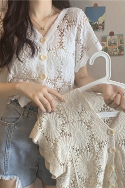 Hollow-Out Hook Flower Short Sleeve Cardigan - Women's Knitted Summer Cover-Up Top in Korean Style, Versatile and Lightweight