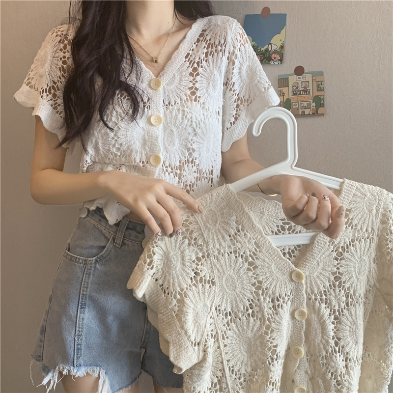 Hollow-Out Hook Flower Short Sleeve Cardigan - Women's Knitted Summer Cover-Up Top in Korean Style, Versatile and Lightweight Hollow-Out Hook Flower Short Sleeve Cardigan - Women's Knitted Summer Cover-Up Top in Korean Style, Versatile and Lightweight
