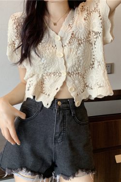 Hollow-Out Hook Flower Short Sleeve Cardigan - Women's Knitted Summer Cover-Up Top in Korean Style, Versatile and Lightweight
