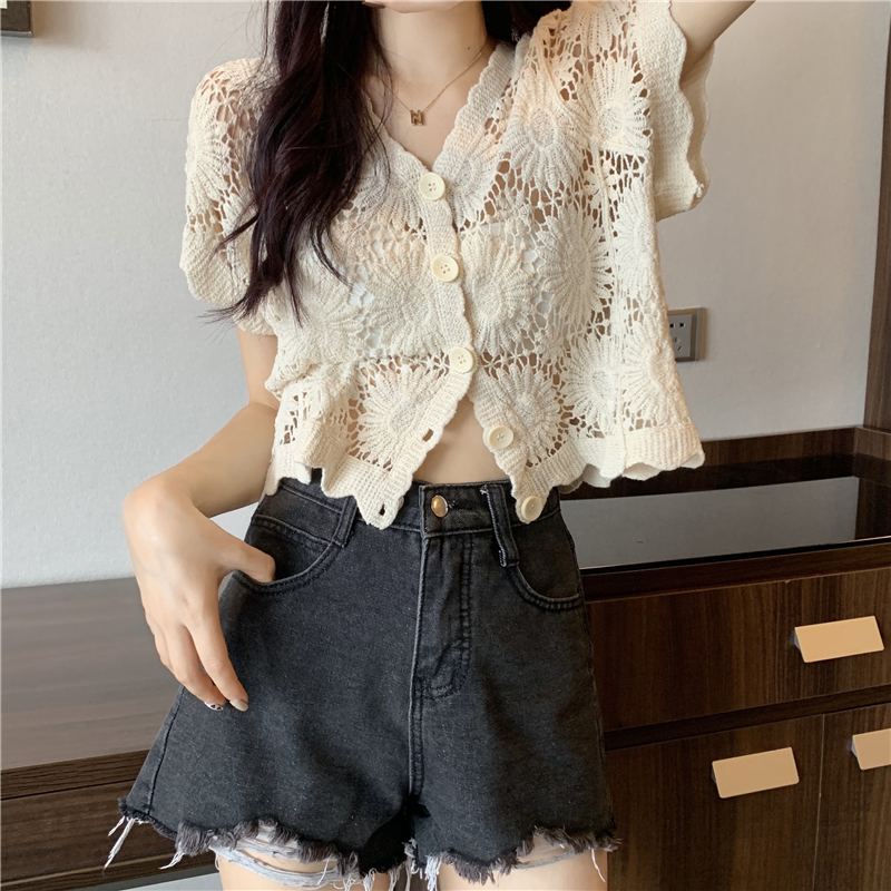 Hollow-Out Hook Flower Short Sleeve Cardigan - Women's Knitted Summer Cover-Up Top in Korean Style, Versatile and Lightweight Hollow-Out Hook Flower Short Sleeve Cardigan - Women's Knitted Summer Cover-Up Top in Korean Style, Versatile and Lightweight