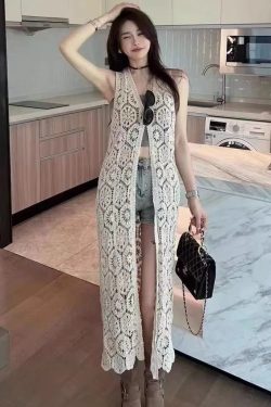 Hollow-Out Vest Dress in Ice Silk - Women's Thin Knitted Long Cardigan for Beach Vacation Layered Style