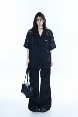 Hollow Semi-Transparent Short Sleeve Shirt for Women - National Trend Lightweight Loose Blouse for Summer, Y2K Style