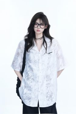 Hollow Semi-Transparent Short Sleeve Shirt for Women - National Trend Lightweight Loose Blouse for Summer, Y2K Style