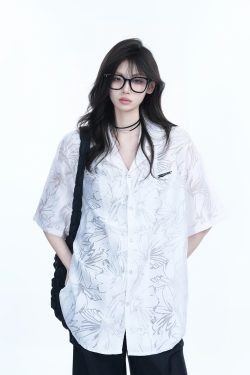 Hollow Semi-Transparent Short Sleeve Shirt for Women - National Trend Lightweight Loose Blouse for Summer, Y2K Style