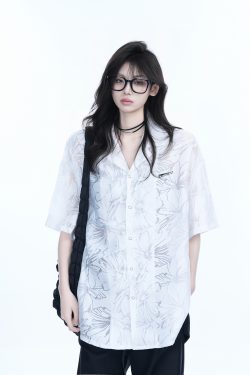 Hollow Semi-Transparent Short Sleeve Shirt for Women - National Trend Lightweight Loose Blouse for Summer, Y2K Style