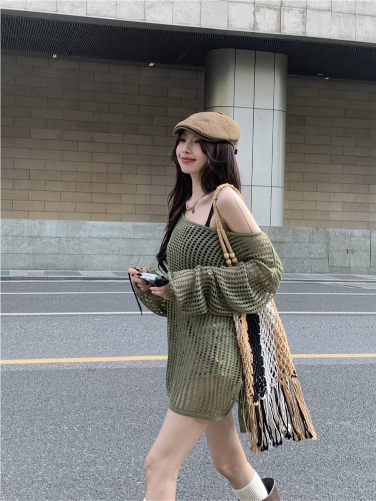 Hollowed-Out Off-Shoulder Knitted Top for Women - Loose Casual Long Sleeve Beach Vacation Cover-Up, Perfect for Y2K Style Hollowed-Out Off-Shoulder Knitted Top for Women - Loose Casual Long Sleeve Beach Vacation Cover-Up, Perfect for Y2K Style