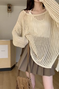 Hollowed-Out Off-Shoulder Knitted Top for Women - Loose Casual Long Sleeve Beach Vacation Cover-Up, Perfect for Y2K Style