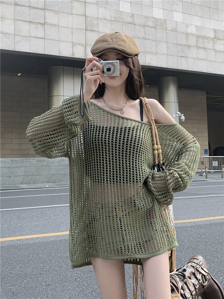 Hollowed-Out Off-Shoulder Knitted Top for Women - Loose Casual Long Sleeve Beach Vacation Cover-Up, Perfect for Y2K Style Hollowed-Out Off-Shoulder Knitted Top for Women - Loose Casual Long Sleeve Beach Vacation Cover-Up, Perfect for Y2K Style