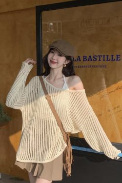 Hollowed-Out Off-Shoulder Knitted Top for Women - Loose Casual Long Sleeve Beach Vacation Cover-Up, Perfect for Y2K Style