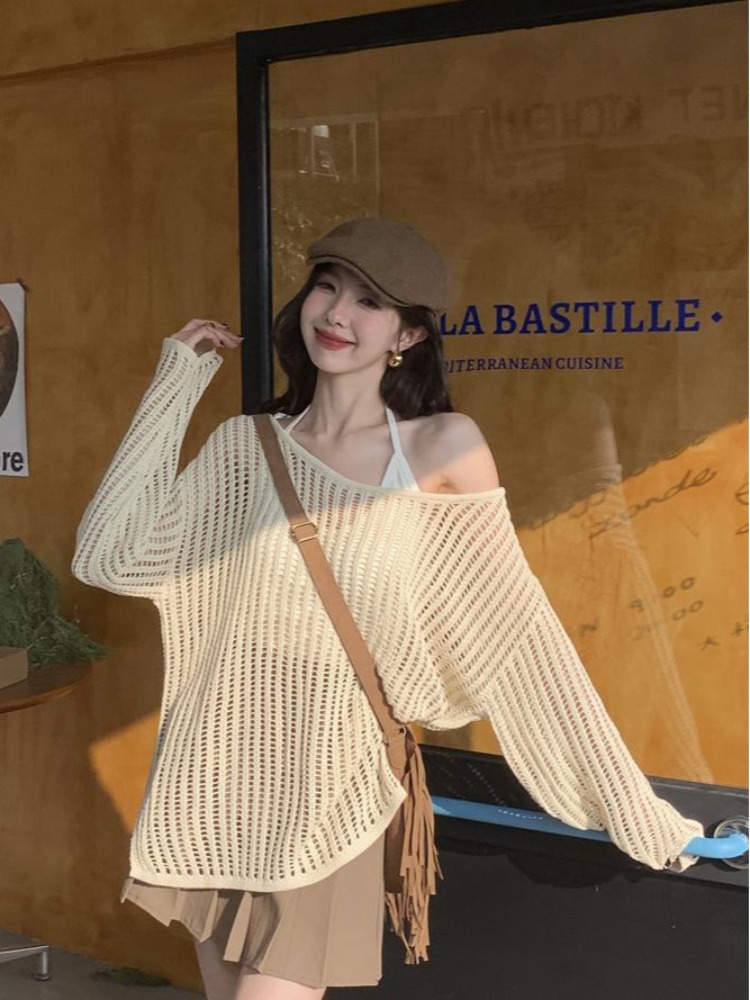 Hollowed-Out Off-Shoulder Knitted Top for Women - Loose Casual Long Sleeve Beach Vacation Cover-Up, Perfect for Y2K Style Hollowed-Out Off-Shoulder Knitted Top for Women - Loose Casual Long Sleeve Beach Vacation Cover-Up, Perfect for Y2K Style