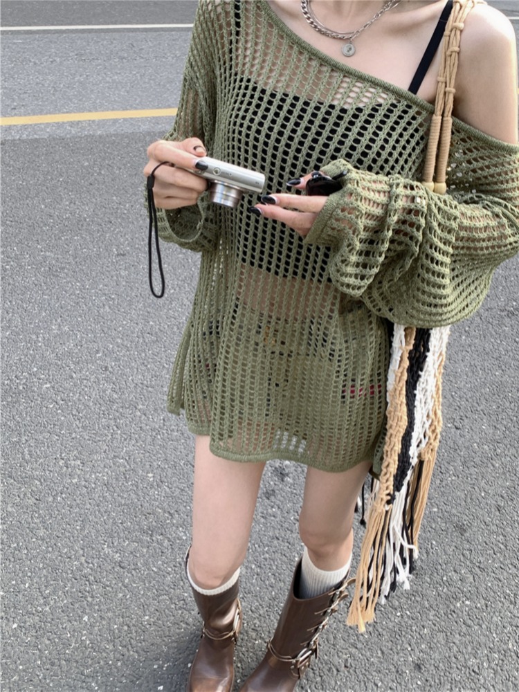 Hollowed-Out Off-Shoulder Knitted Top for Women - Loose Casual Long Sleeve Beach Vacation Cover-Up, Perfect for Y2K Style Hollowed-Out Off-Shoulder Knitted Top for Women - Loose Casual Long Sleeve Beach Vacation Cover-Up, Perfect for Y2K Style