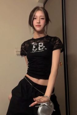 Hollowed-Out Spicy Girl Short Sleeve Digital Print Jersey T-Shirt - Slim Fit Summer Style Y2K Fashion Top