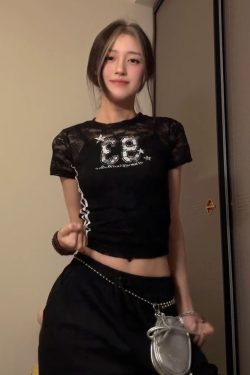 Hollowed-Out Spicy Girl Short Sleeve Digital Print Jersey T-Shirt - Slim Fit Summer Style Y2K Fashion Top