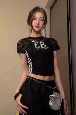 Hollowed-Out Spicy Girl Short Sleeve Digital Print Jersey T-Shirt - Slim Fit Summer Style Y2K Fashion Top