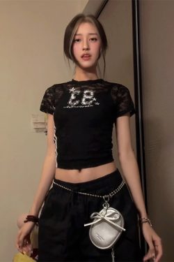 Hollowed-Out Spicy Girl Short Sleeve Digital Print Jersey T-Shirt - Slim Fit Summer Style Y2K Fashion Top