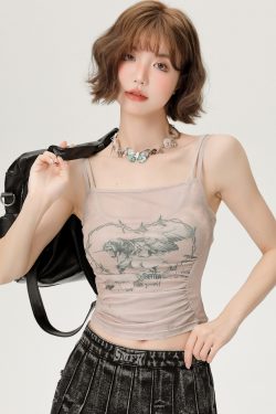 Hot Girl Mesh Camisole - Women's Slimming Summer Top, Fake Two-Piece Style, Trendy 90s-Inspired Fashion