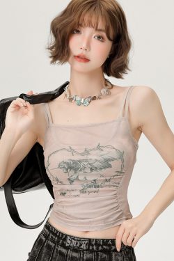 Hot Girl Mesh Camisole - Women's Slimming Summer Top, Fake Two-Piece Style, Trendy 90s-Inspired Fashion