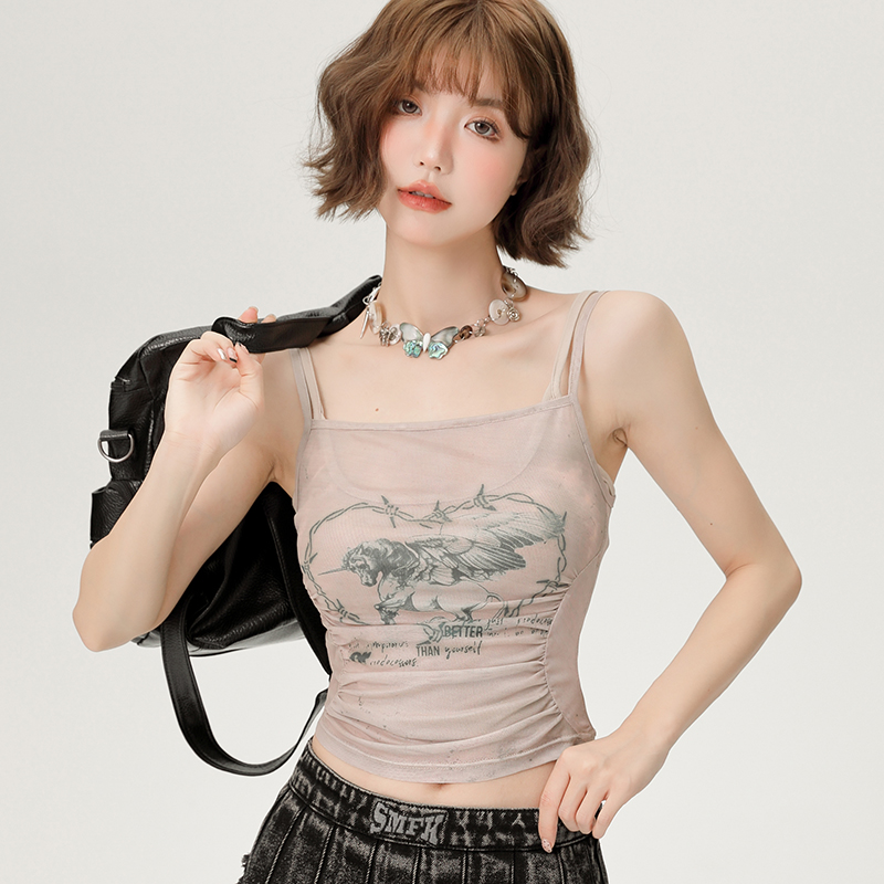 Hot Girl Mesh Camisole - Women's Slimming Summer Top, Fake Two-Piece Style, Trendy 90s-Inspired Fashion Hot Girl Mesh Camisole - Women's Slimming Summer Top, Fake Two-Piece Style, Trendy 90s-Inspired Fashion