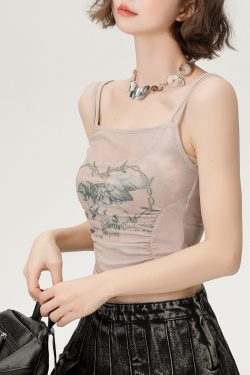 Hot Girl Mesh Camisole - Women's Slimming Summer Top, Fake Two-Piece Style, Trendy 90s-Inspired Fashion