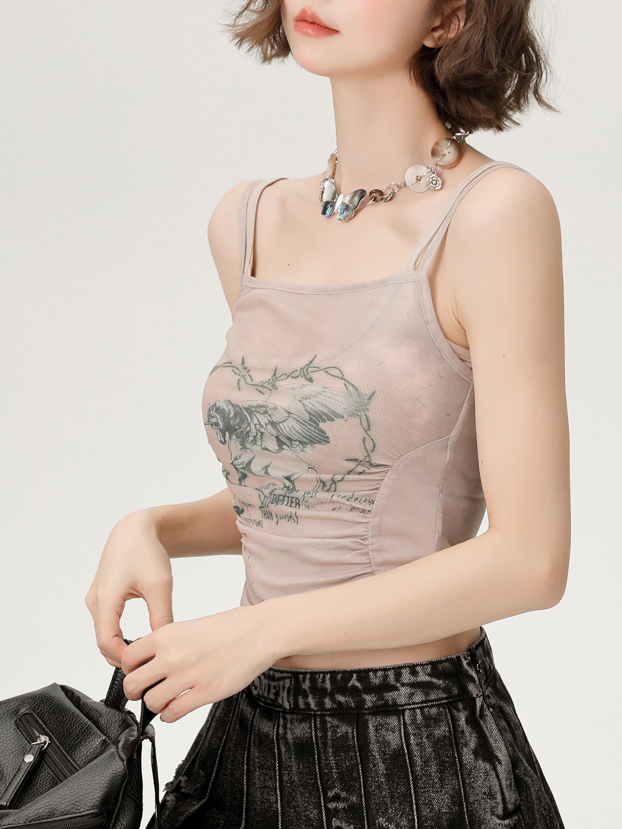 Hot Girl Mesh Camisole - Women's Slimming Summer Top, Fake Two-Piece Style, Trendy 90s-Inspired Fashion Hot Girl Mesh Camisole - Women's Slimming Summer Top, Fake Two-Piece Style, Trendy 90s-Inspired Fashion