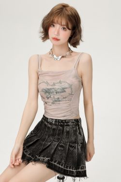 Hot Girl Mesh Camisole - Women's Slimming Summer Top, Fake Two-Piece Style, Trendy 90s-Inspired Fashion