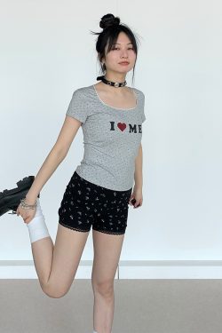 I Love Me Heart Velvet Lace Trim Top with Floral Short Sleeves - Summer Casual Style for Girls