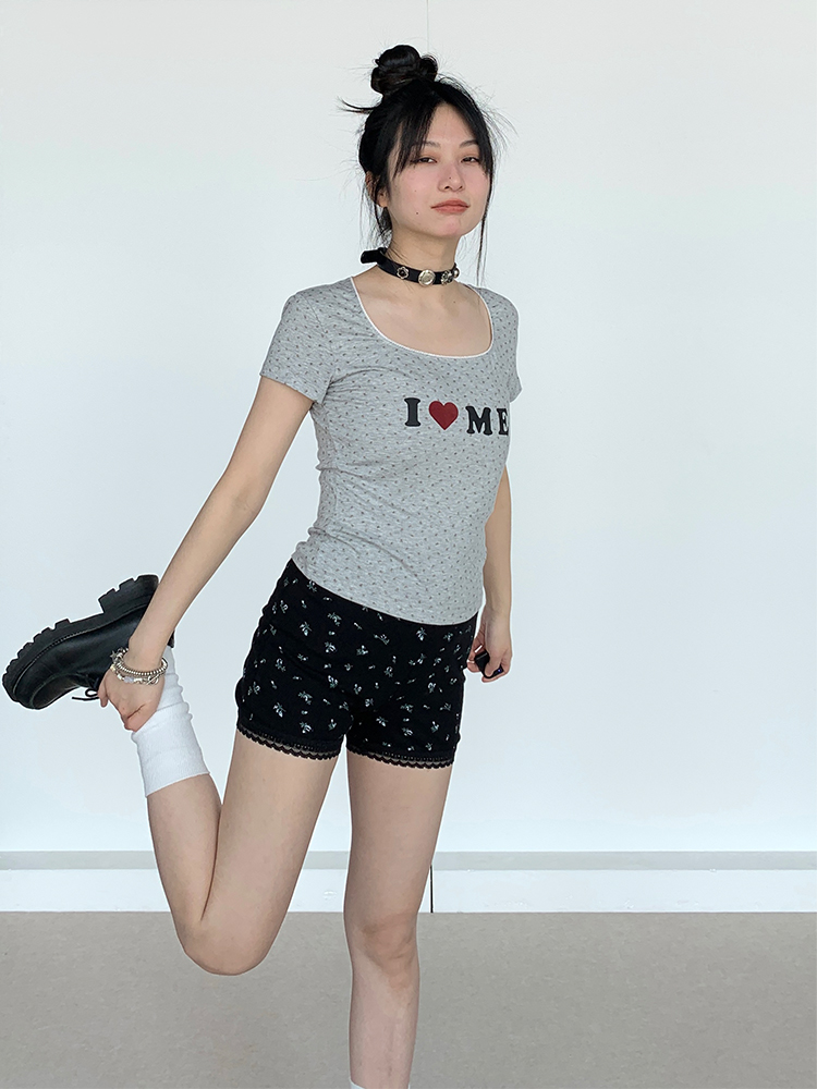 I Love Me Heart Velvet Lace Trim Top with Floral Short Sleeves - Summer Casual Style for Girls I Love Me Heart Velvet Lace Trim Top with Floral Short Sleeves - Summer Casual Style for Girls