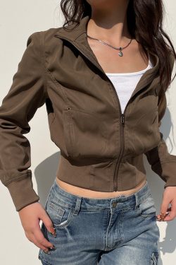 Industrial Style Zipper Jacket for Women - Deconstructed Splicing, Pocket, Stand Collar, Slim Fit, Cinched Waist, Short Coat