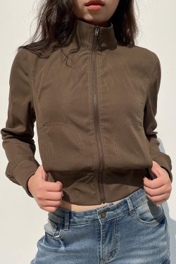 Industrial Style Zipper Jacket for Women - Deconstructed Splicing, Pocket, Stand Collar, Slim Fit, Cinched Waist, Short Coat