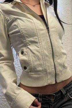 Industrial Style Zipper Jacket for Women - Deconstructed Splicing, Pocket, Stand Collar, Slim Fit, Cinched Waist, Short Coat