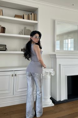 Ink Splash Studded Gray Vest with Flared Pants Set - Trendy Y2K Style Outfit for a Chic Look