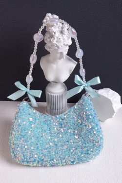 Iridescent Mermaid Sequin Beaded Underarm Bag with Lace-Up Bow - Cute Summer Crossbody Bag for Y2K and Korean Style Fashion