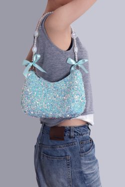 Iridescent Mermaid Sequin Beaded Underarm Bag with Lace-Up Bow - Cute Summer Crossbody Bag for Y2K and Korean Style Fashion