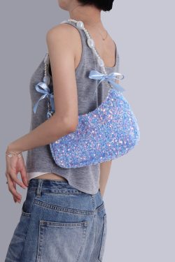 Iridescent Mermaid Sequin Beaded Underarm Bag with Lace-Up Bow - Cute Summer Crossbody Bag for Y2K and Korean Style Fashion