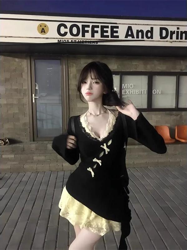 Irregular Butterfly Hollow-Out Halter Lace Dress – Women's Layered Two-Piece Set for Spring & Autumn, Sweet & Spicy Style Irregular Butterfly Hollow-Out Halter Lace Dress – Women's Layered Two-Piece Set for Spring & Autumn, Sweet & Spicy Style