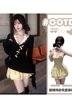 Irregular Butterfly Hollow-Out Halter Lace Dress – Women's Layered Two-Piece Set for Spring & Autumn, Sweet & Spicy Style