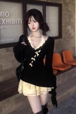 Irregular Butterfly Hollow-Out Halter Lace Dress – Women's Layered Two-Piece Set for Spring & Autumn, Sweet & Spicy Style